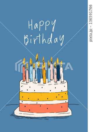 Birthday cake with ten candles and happy birthday text. Illustrated birthday cake with ten lit candles and Happy Birthday message on blue background Birthday cake with ten candles and happy birthday text. Illustrated birthday cake with ten lit candles and Happy Birthday message on blue background 136591766