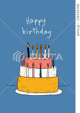 Birthday cake with ten candles and happy birthday text. Illustrated birthday cake with ten lit candles and Happy Birthday message on blue background Birthday cake with ten candles and happy birthday text. Illustrated birthday cake with ten lit candles and Happy Birthday message on blue background 136591768