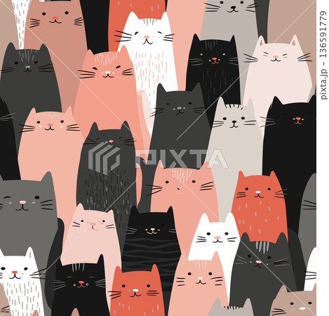 Cute cat pattern creating seamless animal background texture. Many cute cats with different expressions forming a seamless animal pattern 136591779