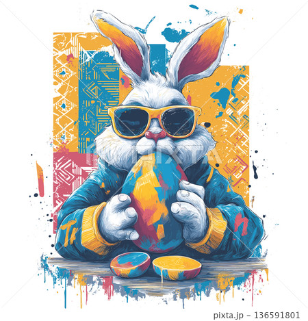Cool cartoon rabbit wearing sunglasses holding Easter egg poster. Cartoon rabbit wearing sunglasses holding a colorful graffiti-painted Easter egg with traditional food Cool cartoon rabbit wearing sunglasses holding Easter egg poster. Cartoon rabbit wearing sunglasses holding a colorful graffiti-painted Easter egg with traditional food 136591801