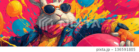 Cool Easter bunny wearing sunglasses holding decorated egg. Easter poster. Anthropomorphic bunny wearing colorful jacket, surrounded by paint splatters and festive eggs Cool Easter bunny wearing sunglasses holding decorated egg. Easter poster. Anthropomorphic bunny wearing colorful jacket, surrounded by paint splatters and festive eggs 136591805