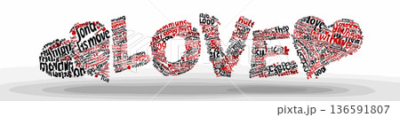 Creative LOVE word art forming a heart shape. Heart shape filled with many words of love and LOVE in red, floating on white 136591807