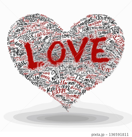 Creative LOVE word art forming a heart shape. Heart shape filled with many words of love and LOVE in red, floating on white Creative LOVE word art forming a heart shape. Heart shape filled with many words of love and LOVE in red, floating on white 136591811