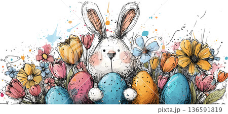 Easter bunny holding decorated eggs and spring flowers wallpaper. Whimsical Easter bunny holding colorful decorated eggs and spring flowers in hand-drawn doodle style 136591819