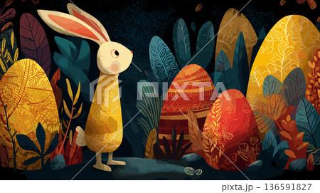 Easter bunny with folk art patterned eggs in nature. Easter poster. Happy rabbit and decorated Easter eggs among stylized plants, celebrating spring Easter bunny with folk art patterned eggs in nature. Easter poster. Happy rabbit and decorated Easter eggs among stylized plants, celebrating spring 136591827