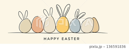 Easter eggs with bunny ears and Happy Easter text. Happy Easter greeting card. Pastel colored eggs with bunny ears and Happy Easter text, celebrating spring holiday 136591836