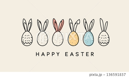 Easter eggs with bunny ears and Happy Easter text. Happy Easter greeting card. Pastel colored eggs with bunny ears and Happy Easter text, celebrating spring holiday 136591837