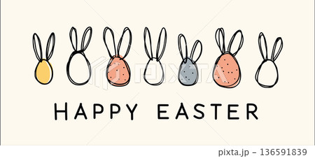 Easter eggs with bunny ears and Happy Easter text. Happy Easter greeting card. Pastel colored eggs with bunny ears and Happy Easter text, celebrating spring holiday 136591839