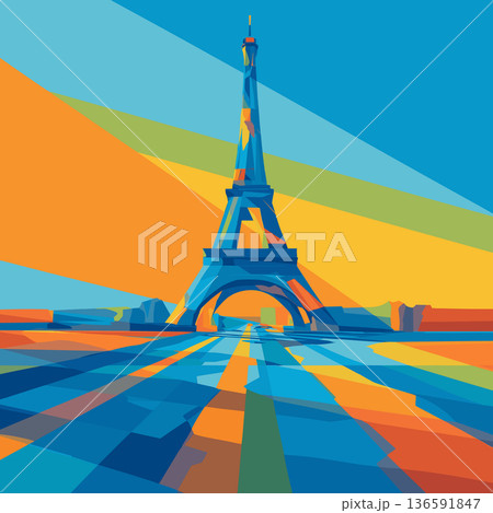 Eiffel Tower geometric abstract vibrant colors illustration. Eiffel Tower appearing in a minimalist geometric flat design illustration with vibrant colors 136591847