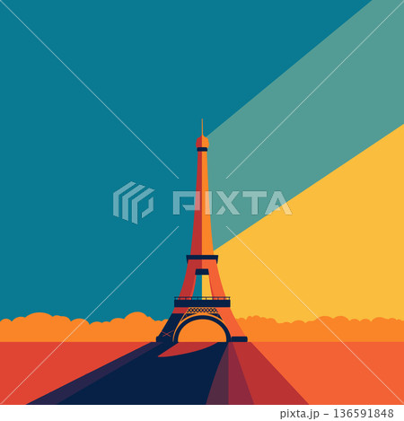 Eiffel Tower geometric abstract vibrant colors illustration. Eiffel Tower appearing in a minimalist geometric flat design illustration with vibrant colors Eiffel Tower geometric abstract vibrant colors illustration. Eiffel Tower appearing in a minimalist geometric flat design illustration with vibrant colors 136591848