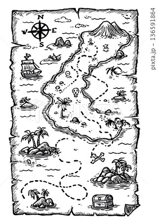 Hand drawn treasure map illustrating pirate island adventure. Hand drawn treasure map showing an island with mountains, palm trees, ships, and marked treasure Hand drawn treasure map illustrating pirate island adventure. Hand drawn treasure map showing an island with mountains, palm trees, ships, and marked treasure 136591864