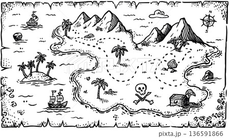 Hand drawn treasure map illustrating pirate island adventure. Hand drawn treasure map showing an island with mountains, palm trees, ships, and marked treasure 136591866