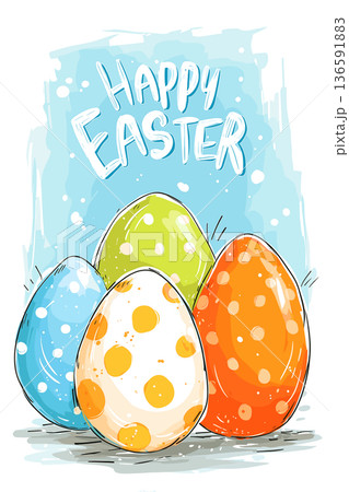 Happy Easter text with cute decorated eggs illustration. Cartoon Easter eggs with smiling faces and festive decorations forming a holiday greeting Happy Easter text with cute decorated eggs illustration. Cartoon Easter eggs with smiling faces and festive decorations forming a holiday greeting 136591883