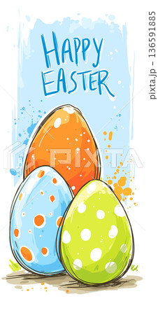 Happy Easter text with cute decorated eggs illustration. Cartoon Easter eggs with smiling faces and festive decorations forming a holiday greeting Happy Easter text with cute decorated eggs illustration. Cartoon Easter eggs with smiling faces and festive decorations forming a holiday greeting 136591885