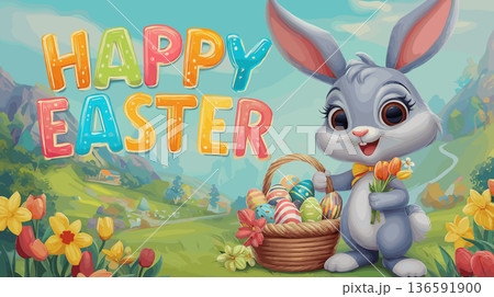 Happy Easter text with smiling bunny holding colorful eggs and tulips. Easter banner. Cute rabbit holding a basket of decorated Easter eggs and spring flowers in blooming landscape Happy Easter text with smiling bunny holding colorful eggs and tulips. Easter banner. Cute rabbit holding a basket of decorated Easter eggs and spring flowers in blooming landscape 136591900