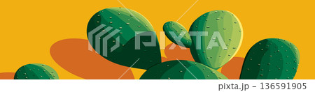 Nopal cactus pads growing with vibrant yellow background. Nopal cactus pads featuring simple graphic shape and casting shadow on yellow wall 136591905