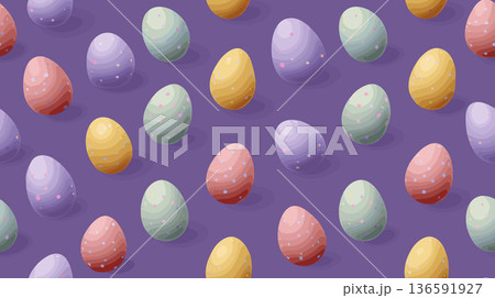 Seamless pattern of colorful pastel Easter eggs on purple. Colorful pastel Easter eggs forming a cute seamless pattern on a purple background 136591927