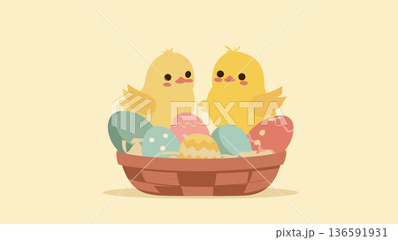 Two cute chicks standing in Easter basket with eggs. Easter greeting card. Two adorable chicks standing on colorful eggs in an Easter basket, representing spring holiday Two cute chicks standing in Easter basket with eggs. Easter greeting card. Two adorable chicks standing on colorful eggs in an Easter basket, representing spring holiday 136591931