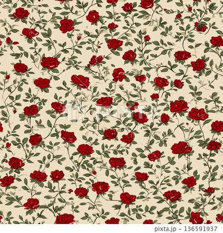 Ottoman inspired vintage floral pattern with repeating red roses. Hand-painted vintage floral pattern showing red roses and green leaves on a cream background Ottoman inspired vintage floral pattern with repeating red roses. Hand-painted vintage floral pattern showing red roses and green leaves on a cream background 136591937