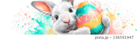 White rabbit holding colorful Easter egg, watercolor splash background. White rabbit holding a brightly striped Easter egg against a vibrant watercolor splash background White rabbit holding colorful Easter egg, watercolor splash background. White rabbit holding a brightly striped Easter egg against a vibrant watercolor splash background 136591947