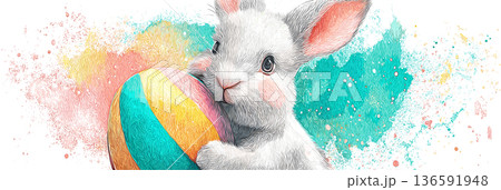 White rabbit holding colorful Easter egg, watercolor splash background. White rabbit holding a brightly striped Easter egg against a vibrant watercolor splash background 136591948