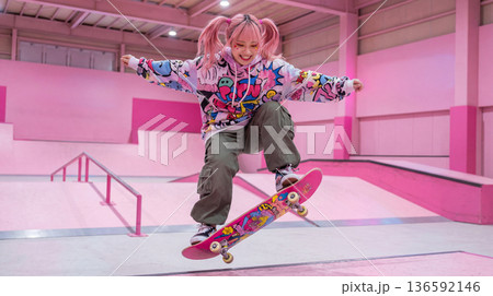 スケートボードで技を決める女の子 136592146