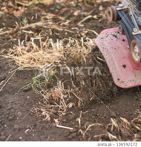 Garden tiller cultivating soil in spring for planting in a rural outdoor garden Garden tiller cultivating soil in spring for planting in a rural outdoor garden 136592172