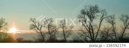 Winter sunset over bare trees in serene landscape with dramatic sky Winter sunset over bare trees in serene landscape with dramatic sky 136592174