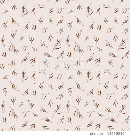 Watercolor seamless pattern with brown flowers spots with leaves. Hand drawn illustration repeat ornament with plants on isolated white background. Dark branches with round buds iridescent watercolors 136592364