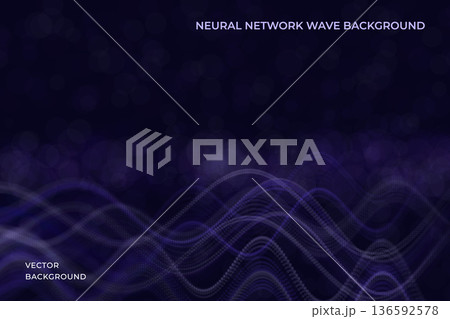 Neural network wave background with flowing particle surfaces and smooth dynamic lines. Vector abstract futuristic digital composition with depth, motion and soft glowing dots. For artificial Neural network wave background with flowing particle surfaces and smooth dynamic lines. Vector abstract futuristic digital composition with depth, motion and soft glowing dots. For artificial 136592578