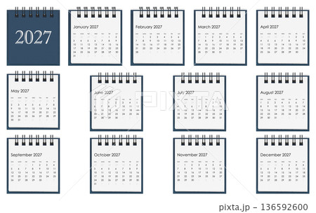 Full 2027 year desktop calendar set isolated on white. Annual business planning and schedule concept Full 2027 year desktop calendar set isolated on white. Annual business planning and schedule concept 136592600