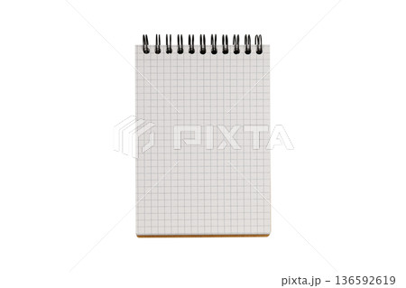 Open spiral notepad with clean white pages and kraft cover isolated on background. 136592619
