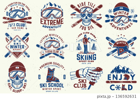 Set of ski winter sport retro badge. Vector. Concept for shirt, print, seal or stamp with ski glasses, skull, skeleton hand holding ski pole. Family vacation, activity or travel. For logo design 136592631