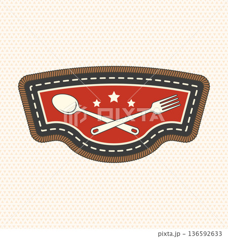 Scout badge with fork and spoon. Vector. Merit patch, sticker for camping outdoor and academic activities Scout badge with fork and spoon. Vector. Merit patch, sticker for camping outdoor and academic activities 136592633