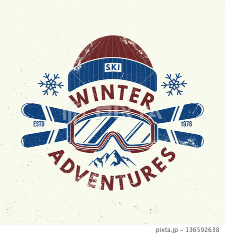 Winter adventures. Vector ski club retro badge, textile patch. Concept for shirt, print, seal or stamp with mountain, ski glasses, winter sport hat. Family vacation, activity or travel. For logo 136592638