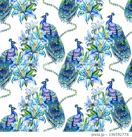 Hand-painted watercolor seamless pattern featuring majestic peacocks perched among elegant blue lilies and delicate pearl beads. This luxurious botanical composition captures exotic birds and blossoms Hand-painted watercolor seamless pattern featuring majestic peacocks perched among elegant blue lilies and delicate pearl beads. This luxurious botanical composition captures exotic birds and blossoms 136592778