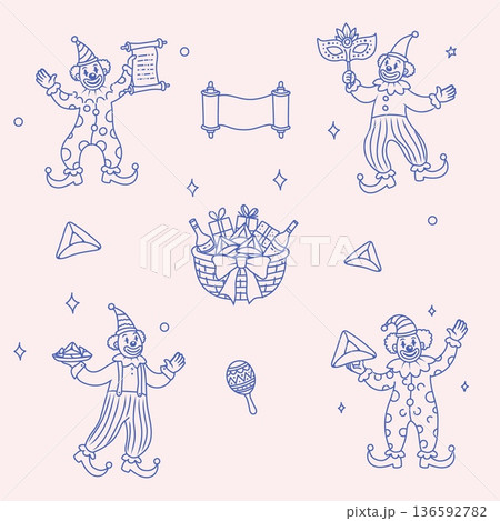 Clown in costumes and hamans ears cookies vector. Clown in costumes and hamans ears cookies vector. 136592782
