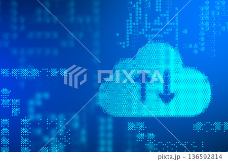 Cloud storage and data transfer icons with blue digital background and binary code elements Cloud storage and data transfer icons with blue digital background and binary code elements 136592814