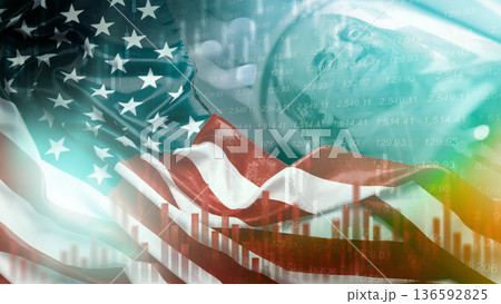 Stock market trends with American flag and financial data visualization at sunset Stock market trends with American flag and financial data visualization at sunset 136592825