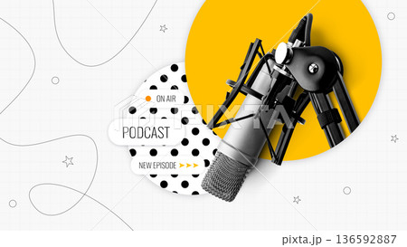 Podcast recording with microphone in studio setting for new episode 136592887