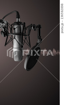 Podcast microphone setup with sound wave on background in studio setting Podcast microphone setup with sound wave on background in studio setting 136592898