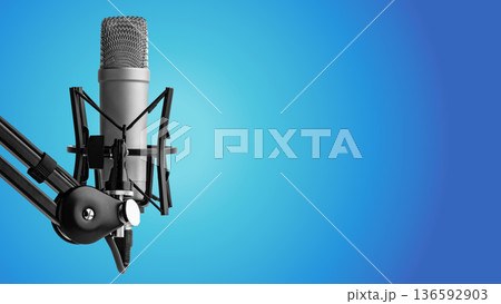Podcast microphone on blue background ready for recording session Podcast microphone on blue background ready for recording session 136592903