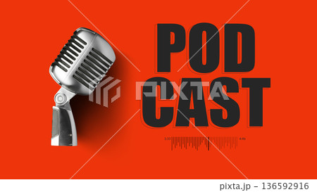 Podcast recording with microphone on red background at a studio setting 136592916