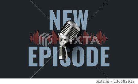 New episode announcement with a microphone and sound wave design for a podcast 136592918