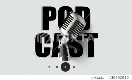 Podcast microphone on display with controls for play and pause 136592919