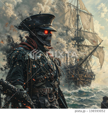 Undead captain of the stormy seas. A menacing, undead pirate captain stands at the forefront, adorned in dark, tattered nautical attire with chains and skull embellishments. 136593052