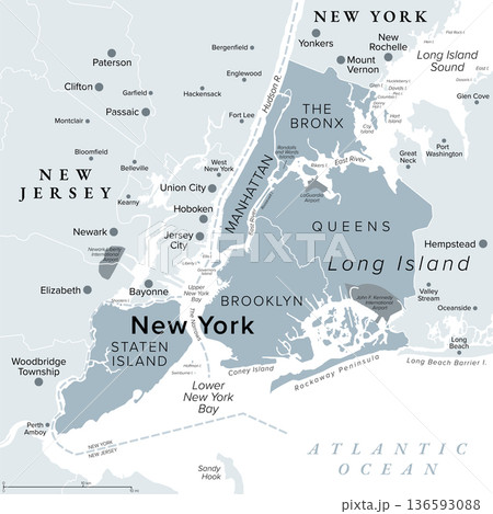 New York City, gray political map. Most populous city in the United States, at southern tip of New York State, compromising boroughs Manhattan, Brooklyn, Queens, The Bronx, and Staten Island. Vector New York City, gray political map. Most populous city in the United States, at southern tip of New York State, compromising boroughs Manhattan, Brooklyn, Queens, The Bronx, and Staten Island. Vector 136593088