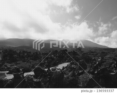 鬼押出し園の奇岩群がつくる独特の自然風景。イラスト風の写真。 鬼押出し園の奇岩群がつくる独特の自然風景。イラスト風の写真。 136593337