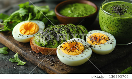 Avocado toast with boiled eggs and chia seeds served with green smoothie on wooden board. Healthy breakfast concept for clean eating and nutritional wellness 136593703