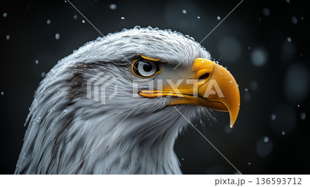 Bald eagle head profile with droplets on feathers against dark snowy background. Concept of wildlife conservation, national symbol and strength in nature 136593712